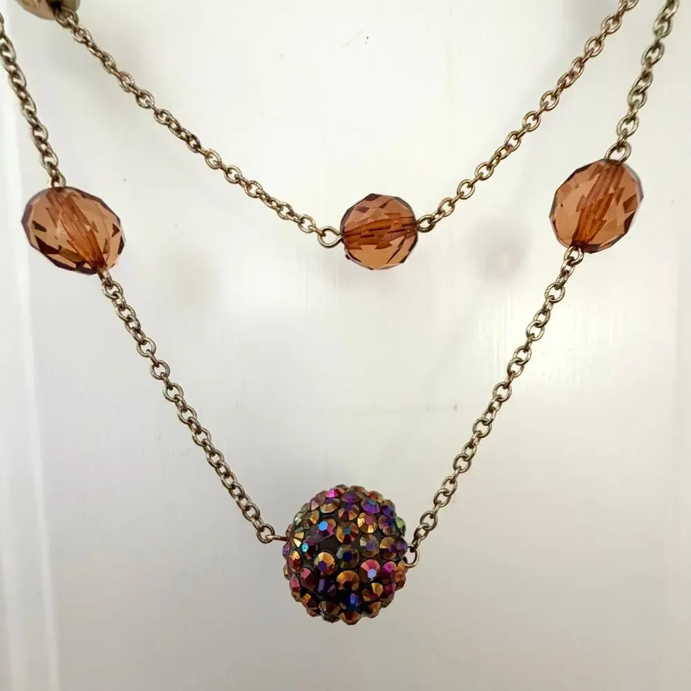 Vintage Double Strand Gold Tone Necklace Amber Glass Beads Rhinestone Balls 34